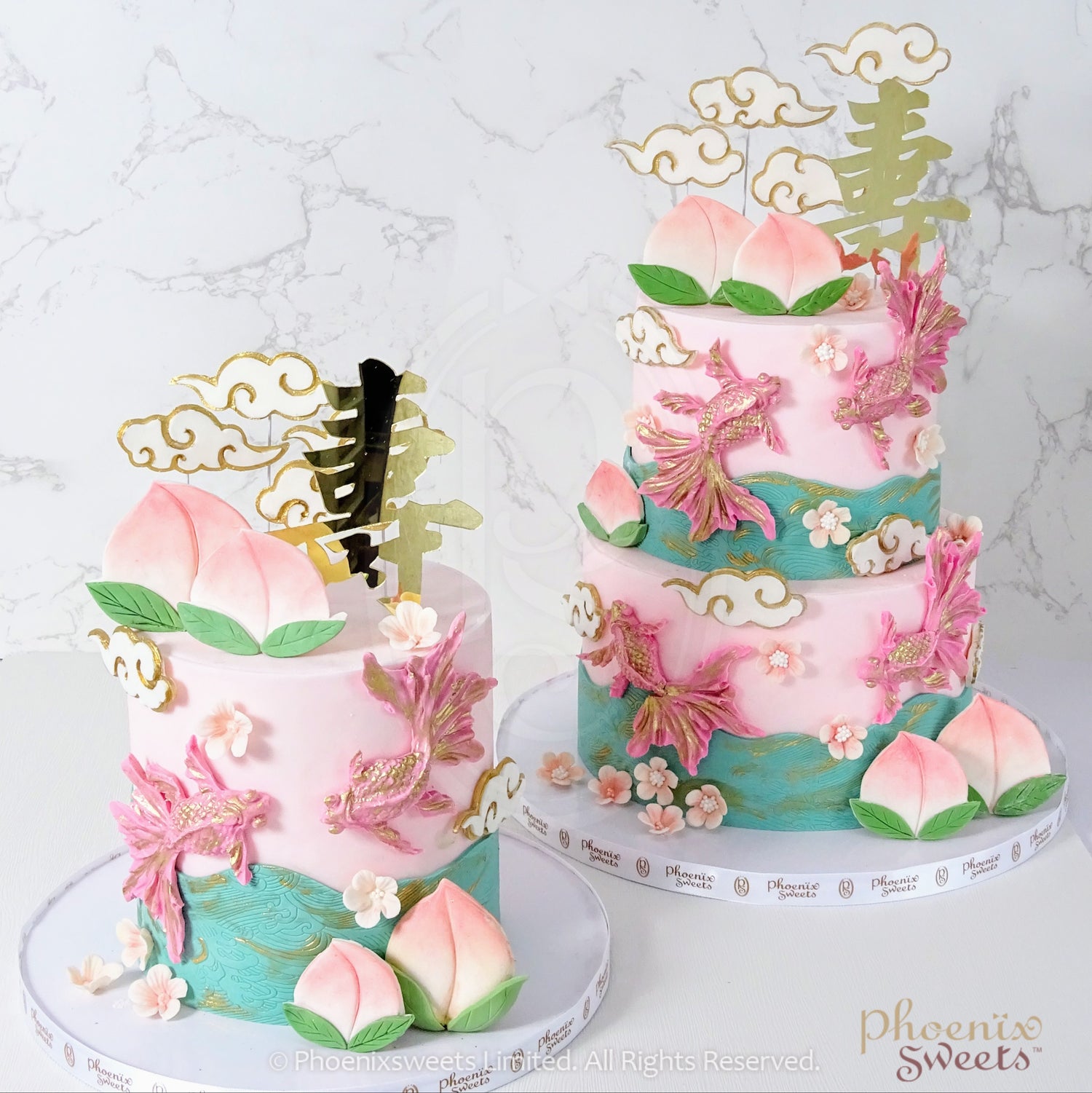 Fondant Cake - Live Long Cake With Gold Fish and Peach (Multi tiers)